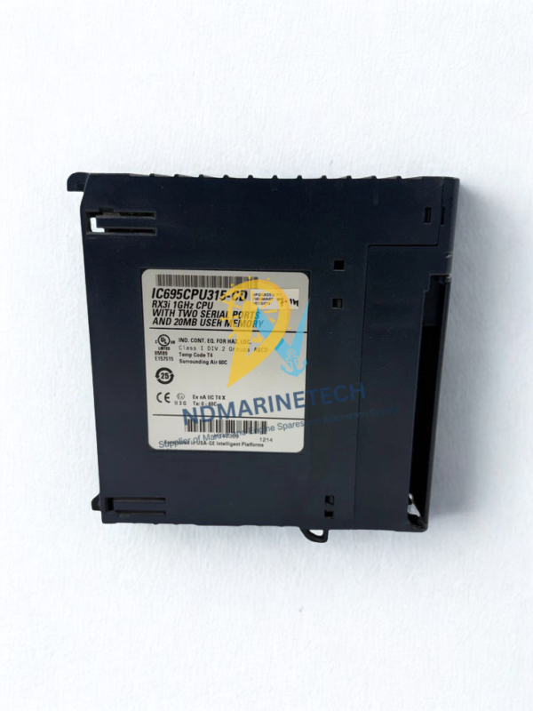 GE IC695CPU315-CD CPU Module Product Label A close-up view of the back side of a GE Intelligent Platforms RX3i CPU315 module showing the product label, specifications, and safety certifications.
