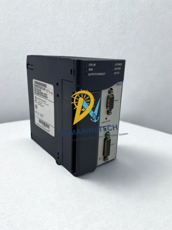 GE IC695CPU315-CD RX3i CPU Module Front Interface A three-quarter view of the GE RX3i IC695CPU315-CD CPU module, displaying the front interface panel with status LEDs and serial communication ports.