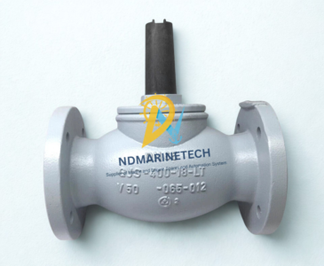 Honeywell V5016A1127 2-Way Flanged Valve Body Profile Side profile view of the gray-coated Honeywell V5016A1127 2-way valve body, showing cast markings V50-065-012 and a black protective stem cover.