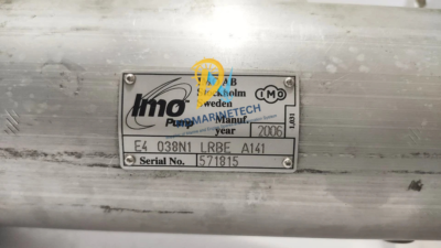 IMO E4 038N1 LRBE A141 Serial Number Nameplate IMO AB Sweden manufacturer nameplate for E4 038N1 LRBE A141 triple screw pump serial 571815