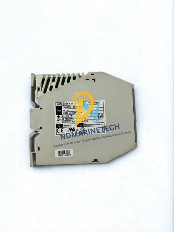 JUMO 701160/9-0153-043-25 Technical Label and Specifications Side view of JUMO 701160/9-0153-043-25 safetyM TB/TW safety temperature limiter relay unit showing the product specification label, CE and cULus marks, and technical parameters.