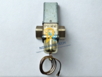 Top-down vertical perspective of the genuine Johnson Penn Controls V46BD-9510 water regulating valve with coiled sensing element for marine condenser systems.