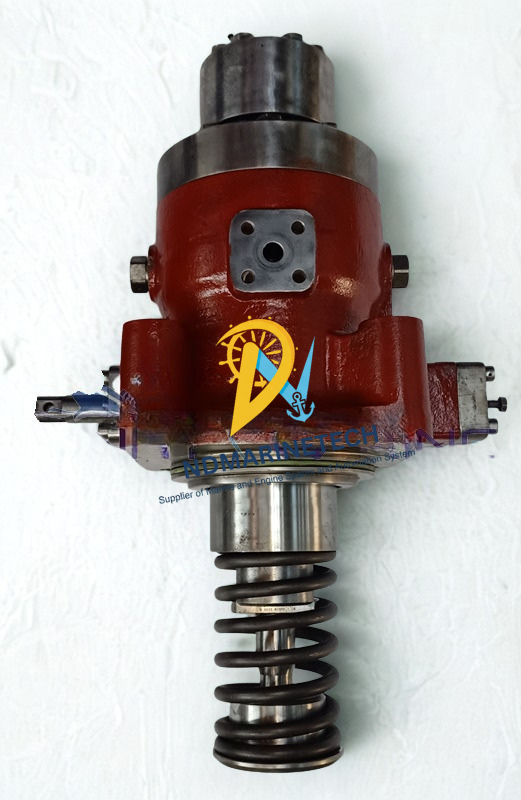MAN B&W 58 64 fuel pump MAN B&W 58/64 fuel injection pump assembly showing the high-pressure block casing, fuel flange connection, and heavy-duty plunger return spring mechanism.