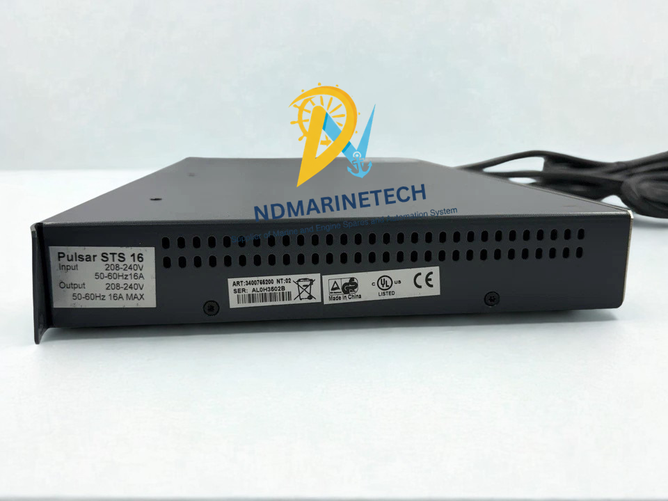 MGE Pulsar STS 16(1) MGE Pulsar STS 16 side panel view showing technical rating label and certification marks.