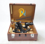 GLH130-40 marine nautical sextant safely secured inside its premium fitted wooden storage and transit case with heavy-duty metal clasps.