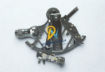 Top down view of GLH130-40 marine nautical sextant showcasing the matte black frame, index arm, ergonomic handle, and micrometer drum.