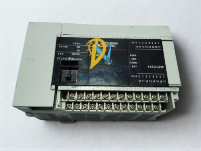 Mitsubishi FX5U-32MT/ESS Interface and Communication Panel Top-down angle view of Mitsubishi FX5U-32MT/ESS base unit displaying CC-Link IE Field Basic and communication ports interface.