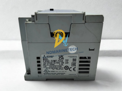 Mitsubishi FX5U-32MT/ESS Manufacturer Rating Label Technical specification label on the side panel of Mitsubishi FX5U-32MT/ESS PLC showing CE, UKCA, and UL certifications.