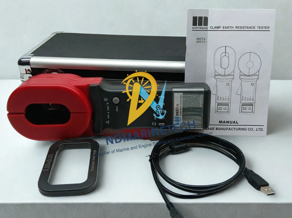 Motwane DECT-2 Digital Earth Clamp Tester Complete Motwane DECT-2 kit featuring the earth clamp meter, original user manual, calibration test ring, and hard carrying case