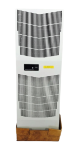 Front face overview of the white nVent HOFFMAN G521246G050 SpectraCool enclosure air conditioner featuring the upper and lower ventilation air intake grilles.