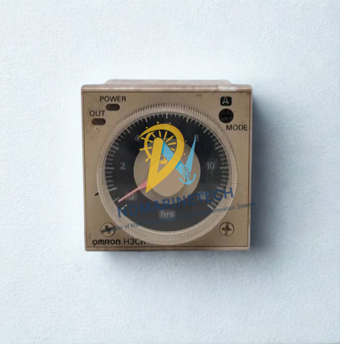 OMRON H3CR-A Timer Front dial interface of OMRON H3CR-A timer with adjustable time scale, mode indicators, and power LED.