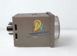 Side profile of OMRON H3CR-A solid-state timer relay showing panel mounting housing depth.
