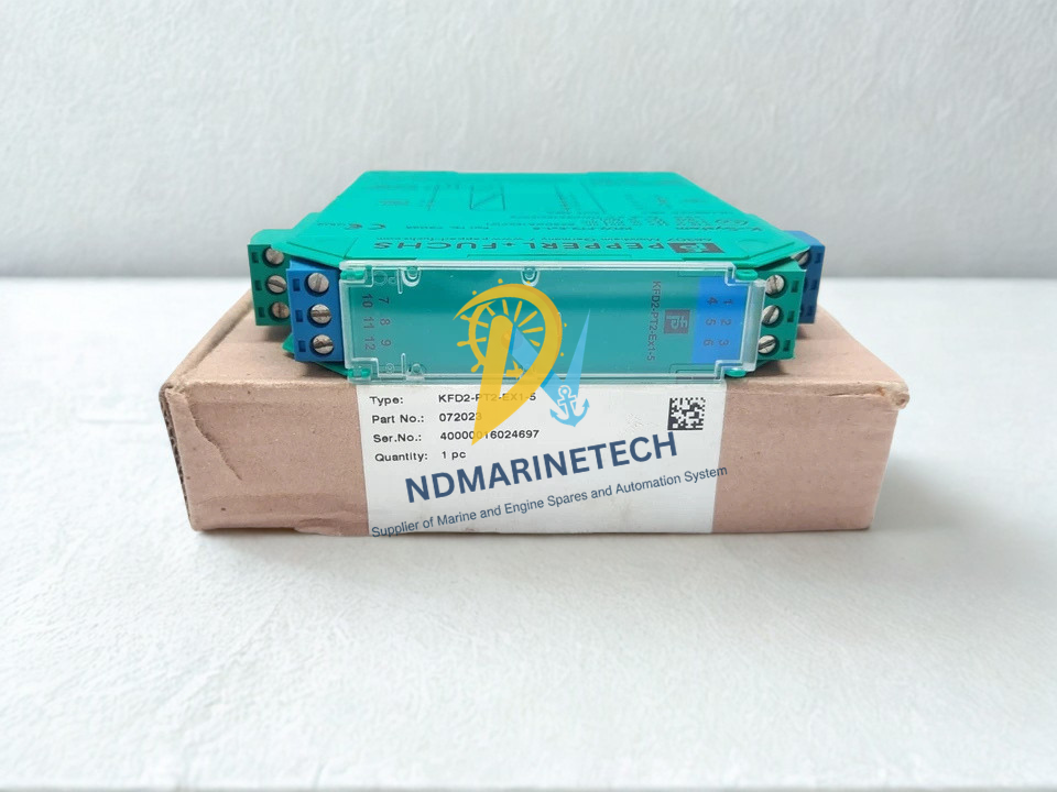 Pepperl+Fuchs KFD2-PT2-Ex1-5 Front terminal view of Pepperl+Fuchs KFD2-PT2-Ex1-5 intrinsic safety signal conditioner sitting on its original factory packaging box.