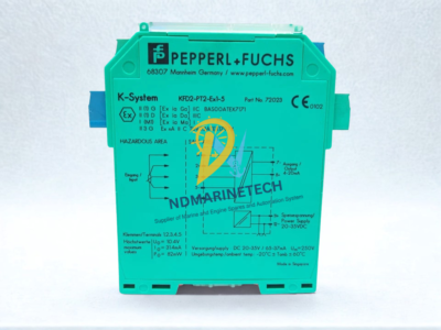 Pepperl+Fuchs KFD2-PT2-Ex1-5 (72023) Technical Specification Label Side view of Pepperl+Fuchs KFD2-PT2-Ex1-5 potentiometer converter 72023 isolated barrier showing technical wiring diagram and ATEX certification details.