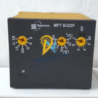 Selectron MFT SU22P time delay relay front interface panel featuring rotary dial switches for function mode selection, time scale, adjustment range, and LED status indicators.