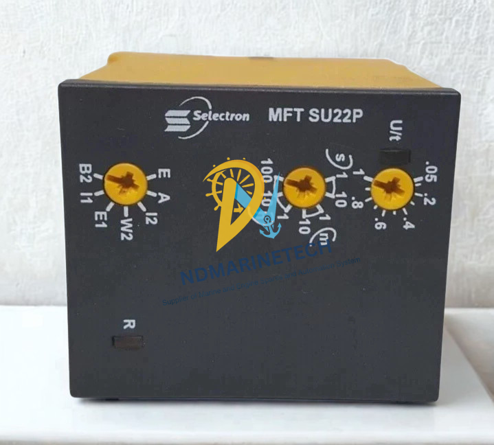 SELECTRON MFT SU22P Selectron MFT SU22P time delay relay front interface panel featuring rotary dial switches for function mode selection, time scale, adjustment range, and LED status indicators.
