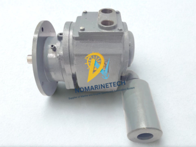 SHIN MYUNG SM-15P-1000 Air Motor - Pneumatic Inlet Ports and Muffler View Side view of a grey SHIN MYUNG SM-15P-1000 marine air motor featuring dual top pneumatic ports and attached cylindrical exhaust silencer muffler.