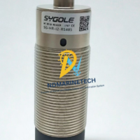 Full-length view of the industrial SYGOLE SG-HR-12-RS485 HF RFID Reader with a cylindrical IP67 rated threaded metal body and a black end cap.