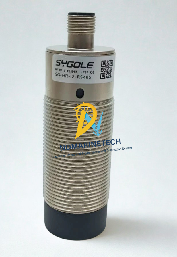 SYGOLE SG-HR-12-RS485 Full-length view of the industrial SYGOLE SG-HR-12-RS485 HF RFID Reader with a cylindrical IP67 rated threaded metal body and a black end cap.