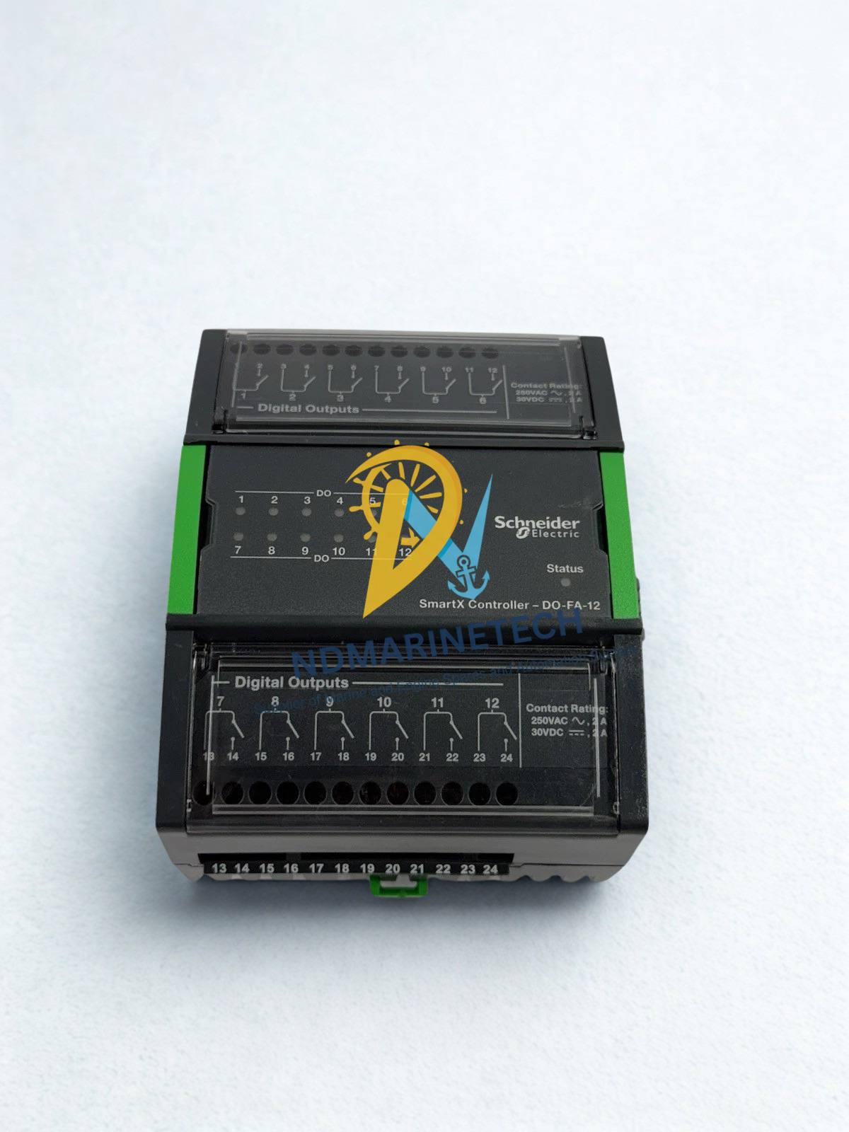 Schneider Electric SXWDOA12X10001 Schneider Electric SmartX Controller DO-FA-12 faceplate showing 12 digital output status LEDs and relay contact wiring schematic