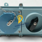 Top view of Senko Marine socket RL-2 featuring a heavy-duty rotary interlock switch and a secure watertight screw-cap with a stainless steel retaining chain.