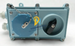 Top view of Senko Marine socket RL-2 featuring a heavy-duty rotary interlock switch and a secure watertight screw-cap with a stainless steel retaining chain.