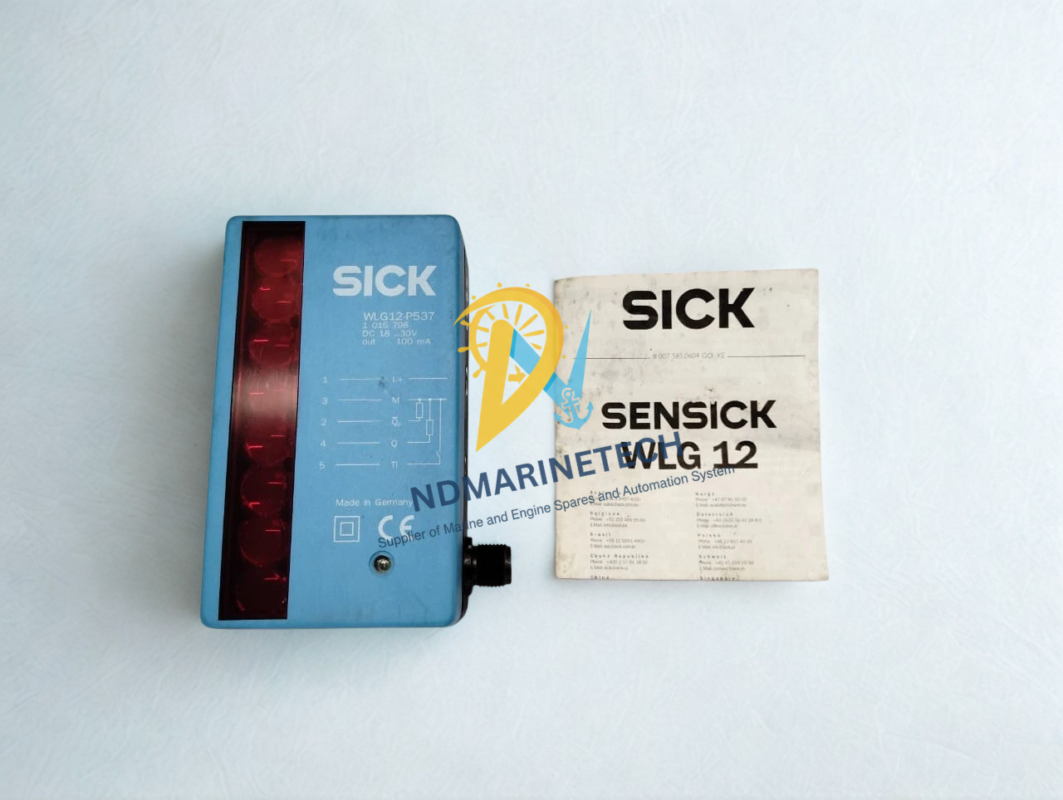 SICK WLG12-P537 Photoelectric Sensor with SENSICK WLG 12 User Manual Sick WLG12-P537 automation light grid shown with its original SENSICK WLG 12 technical manual, featuring the 8-beam red lens array and pin wiring diagram on the blue casing.