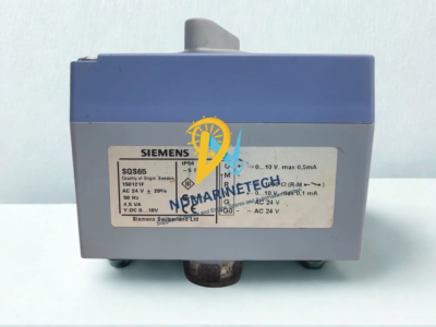 Siemens Acvatix SQS65 Actuator - Manual Override Adjustment Knob Siemens ACVATIX SQS65 electromotoric valve actuator showcasing the official manufacturer technical data plate with AC 24V wiring diagram