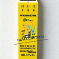 Front view of a yellow TURCK IM1-12Ex-R 7541226 isolating switching amplifier safety relay showing terminal numbers and status indicators.