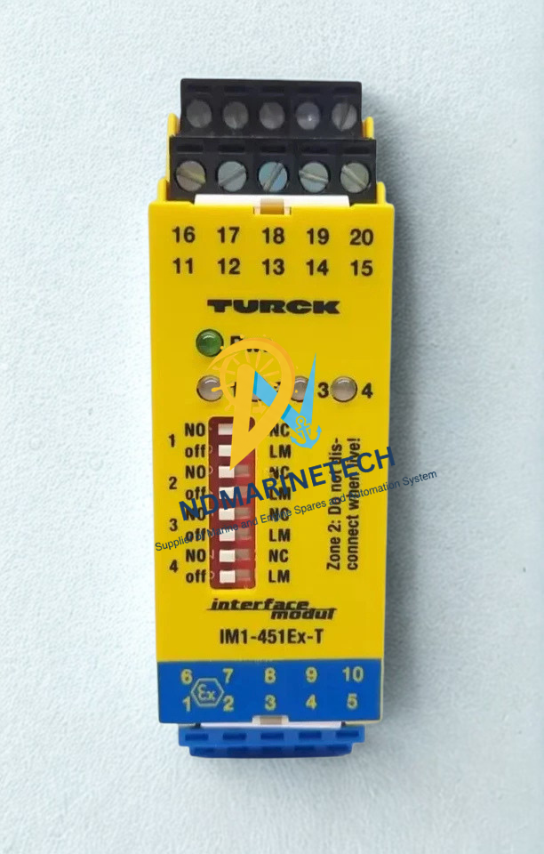 Turck IM1-451EX-T(1) Front view of a yellow Turck IM1-451EX-T isolating switching amplifier showing channel LED indicators and configuration DIP switches.