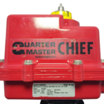 Asahi America Quarter Master Chief S92FSW electric actuator in red NEMA 4X enclosure with specification label visible