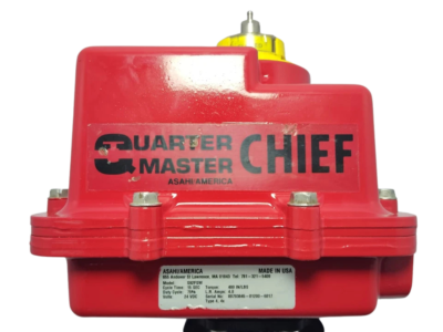 Asahi/America S92FSW Quarter Master Chief 24VDC Electric Actuator Profile Asahi America Quarter Master Chief S92FSW electric actuator in red NEMA 4X enclosure with specification label visible