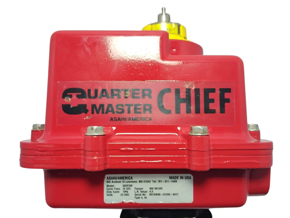 ASAHI S92FSW Electric Actuator Asahi America Quarter Master Chief S92FSW electric actuator in red NEMA 4X enclosure with specification label visible