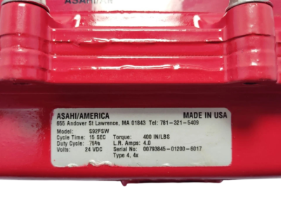 Asahi/America S92FSW Technical Specifications and Electrical Rating Plate Close-up of Asahi America S92FSW nameplate label showing 24 VDC 400 in-lbs torque 15 sec cycle time and NEMA Type 4 4X ratings