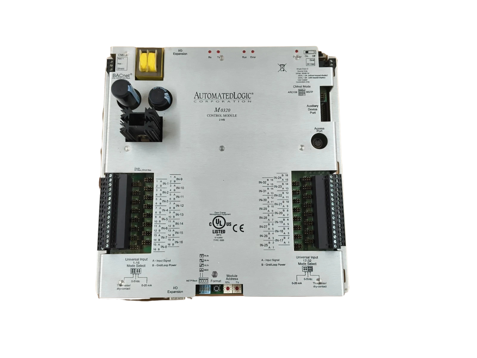 AUTOMATED LOGIC M0320 CONTROL MODULE Close-up top-down view of the Automated Logic M0320 panel featuring universal input mappings and compliance markings.