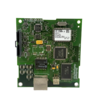 Front view of Allen Bradley 22-COMM-E PowerFlex EtherNet/IP communication module featuring the RJ45 port, SMSC controller, and specification label.