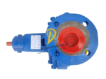 Top view of blue Allweiler NT 65-200 centrifugal pump showing discharge flange