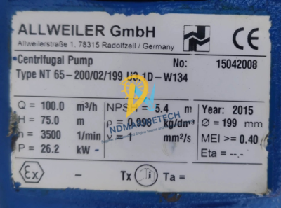 Allweiler NT 65-200 Pump Technical Nameplate Close-up of Allweiler NT 65-200/02/199 U3.1D-W134 pump nameplate specifications