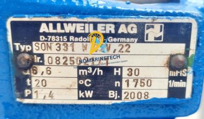Allweiler SON331W G2V 22 Pump Nameplate Details Allweiler SON331W G2V 22 marine pump identification nameplate