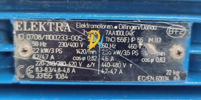 Elektra Motor Specifications for Allweiler SON331W G2V 22 Elektra electric motor nameplate specifications for Allweiler pump