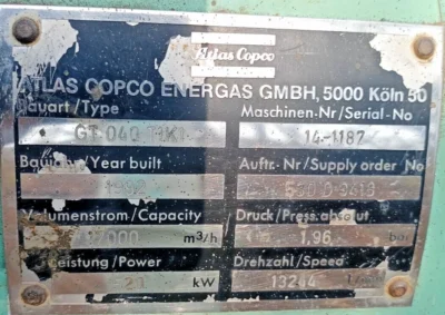 Atlas Copco GT-040-T1K1 Specification Nameplate Data Atlas Copco Energas GmbH GT-040-T1K1 nameplate showing serial number 14-1187, 17000 m3/h capacity, 1.96 bar pressure, 520 kW power, and 13244 rpm speed.