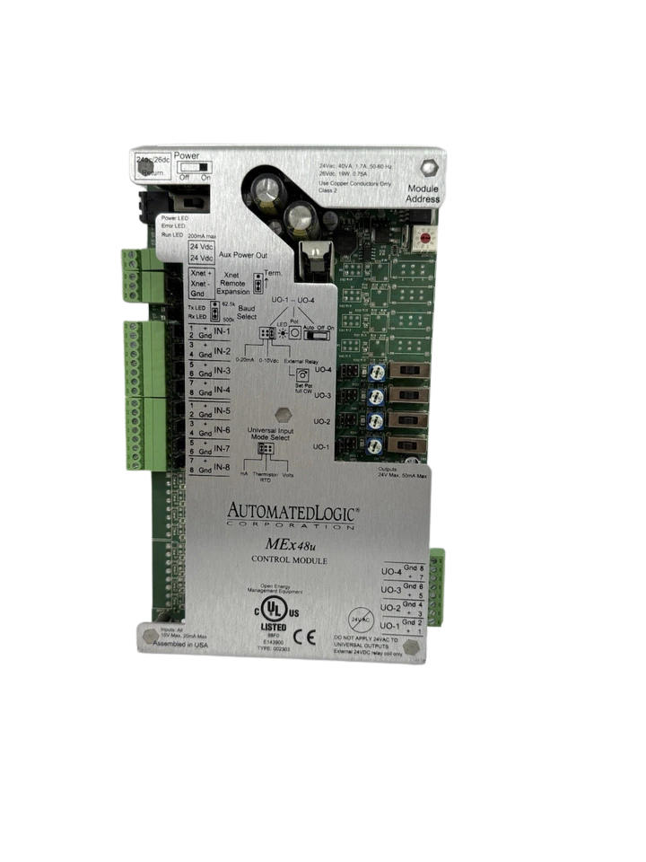 Automated LOGIC MEX48U Control Module(1) Automated Logic MEX48U control module front faceplate featuring terminal blocks and wiring diagram