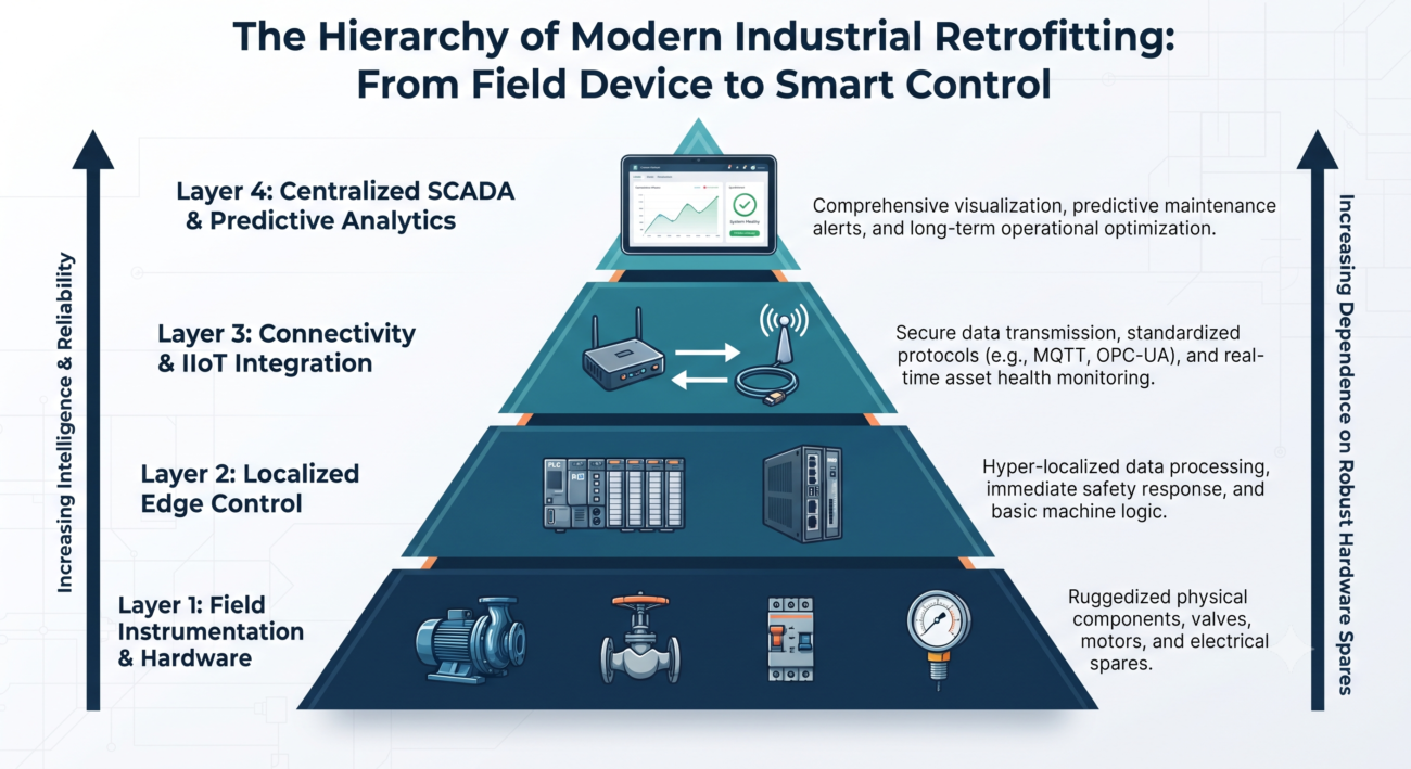The Hierarchy of Modern Industrial Retrofitting: From Field Device to Smart Control Pyramid diagram showing the four layers of industrial retrofitting from field hardware up to centralized SCADA and predictive analytics.