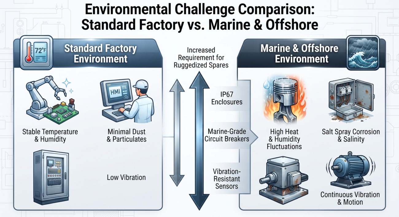 Environmental Challenge Comparison: Standard Factory vs. Marine & Offshore Infographic comparing standard factory environments with marine and offshore conditions requiring ruggedized spares to withstand high heat, humidity, and salt spray.
