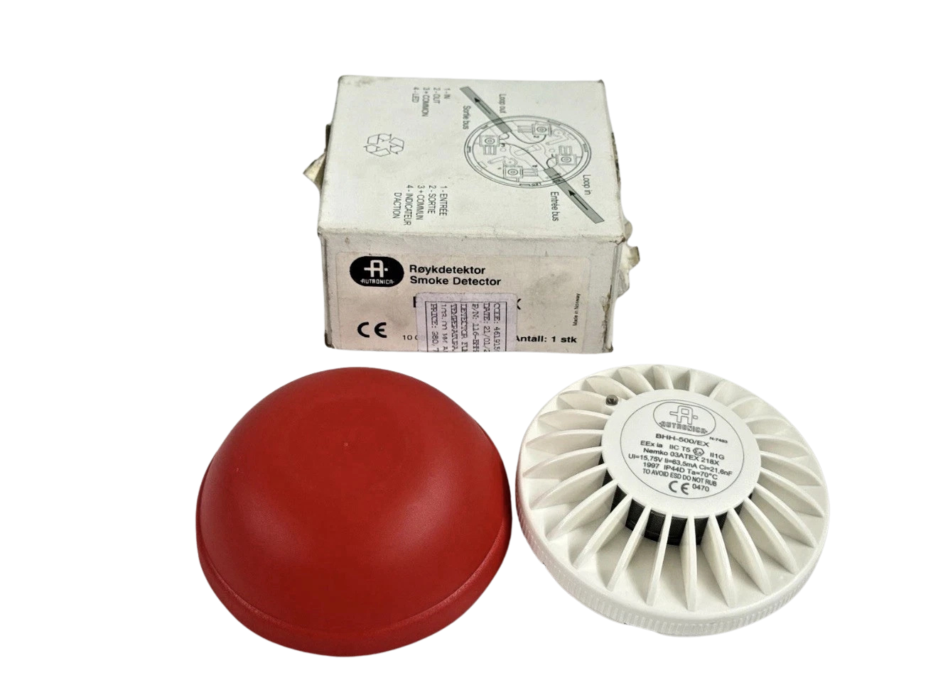 Autronica BHH-500 EX Smoke Detector Autronica BHH-500/EX intrinsically safe interactive smoke detector head next to its red protective dust cover and original packaging box showing the loop wiring diagram.