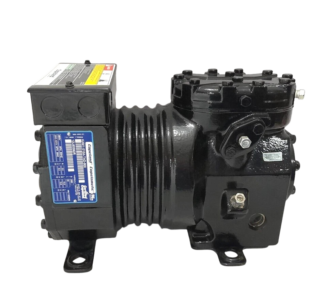 Copeland KAM1-010A-TAD-800 Semi-Hermetic Reciprocating Compressor Full Profile Full side profile view of the black Copeland KAM1-010A-TAD-800 semi-hermetic reciprocating compressor showing mounting feet base, central heat dissipation ribs, and blue spec plate location.
