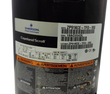 Copeland ZP91KCE-TFD-950 Compressor Specification Label Copeland ZP91KCE-TFD-950 compressor nameplate and specification label showing electrical ratings and model details