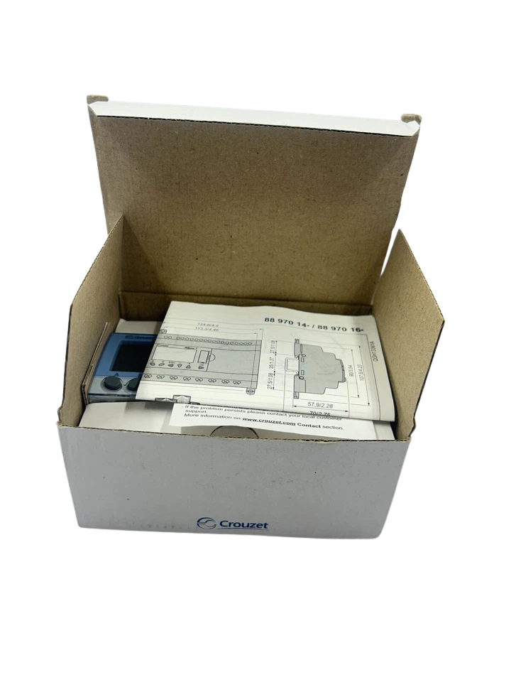 Crouzet XD26 Millenium 3 PLC Unboxed new Crouzet XD26 Millenium 3 logic controller 88970161 with official manufacturer instruction manual inside packaging carton
