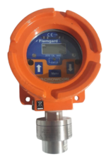 Front face view of Crowcon Flamgard Plus fixed flammable gas detector showing backlit LCD window interface, zero, cal, and inhibit status markings.