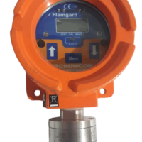 Front face view of Crowcon Flamgard Plus fixed flammable gas detector showing backlit LCD window interface, zero, cal, and inhibit status markings.